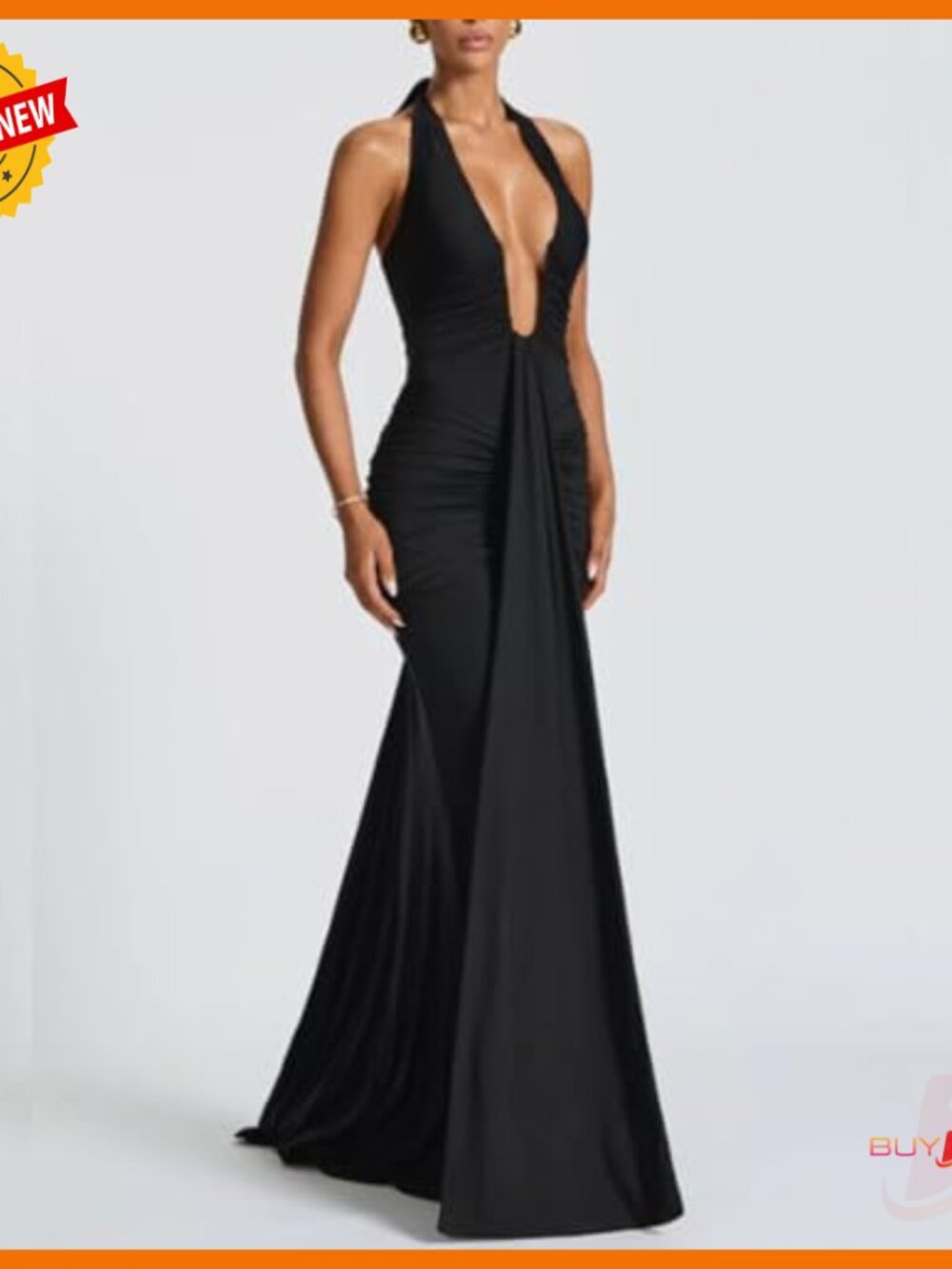 Sexy Deep V-Neck Maxi Dress Ruched Bodycon Formal Cocktail Evening - Picture 2 of 7